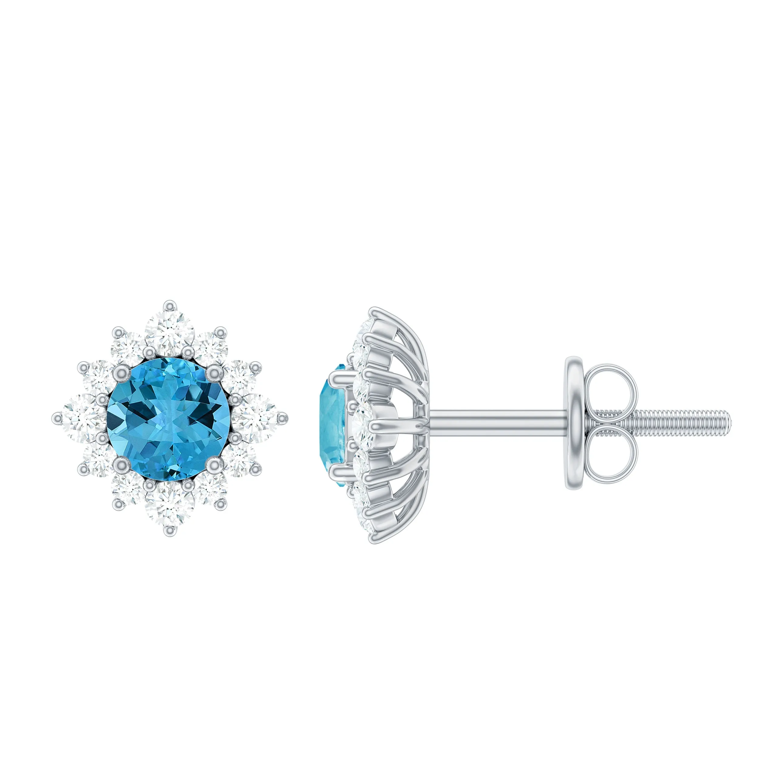 1 CT Classic Swiss Blue Topaz Stud Earrings with Diamond Halo