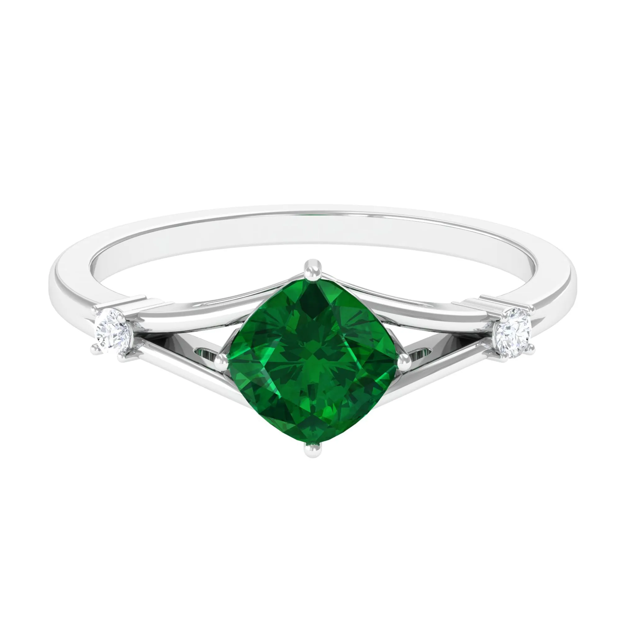 1 CT Cushion Cut Created Emerald Engagement Ring with Diamond in Split Shank