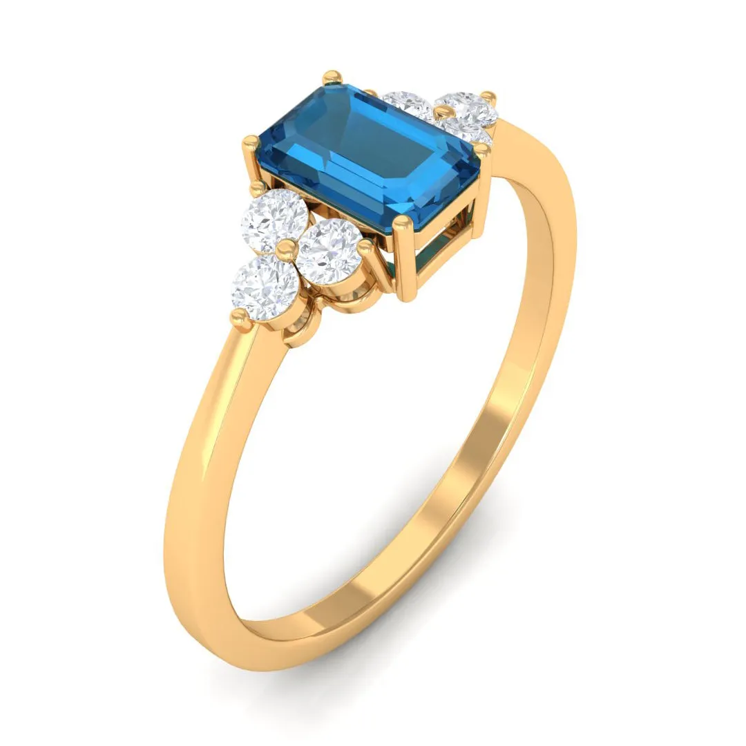 1 CT Emerald Cut London Blue Topaz Solitaire Ring with Diamond Trio