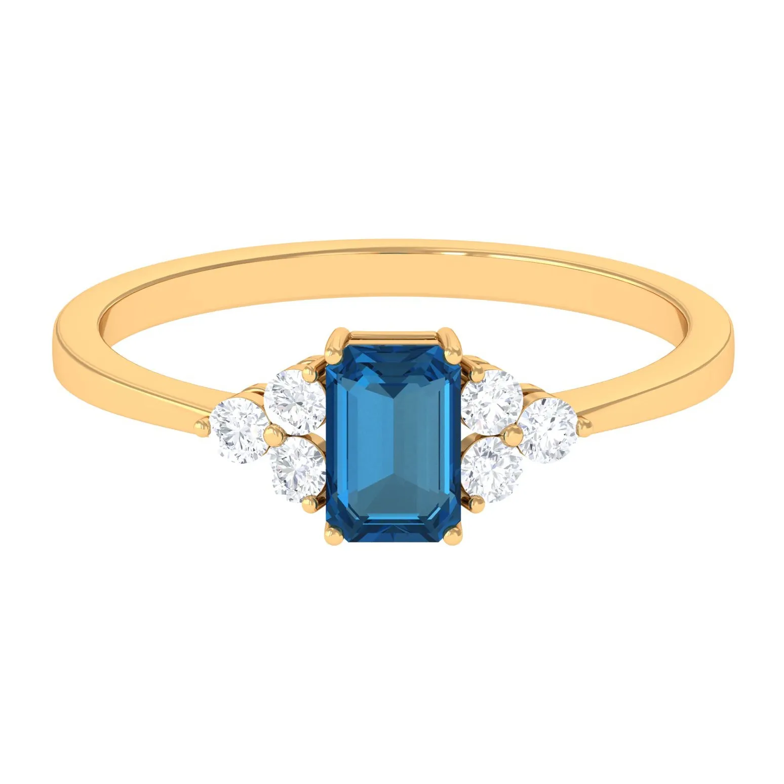 1 CT Emerald Cut London Blue Topaz Solitaire Ring with Diamond Trio