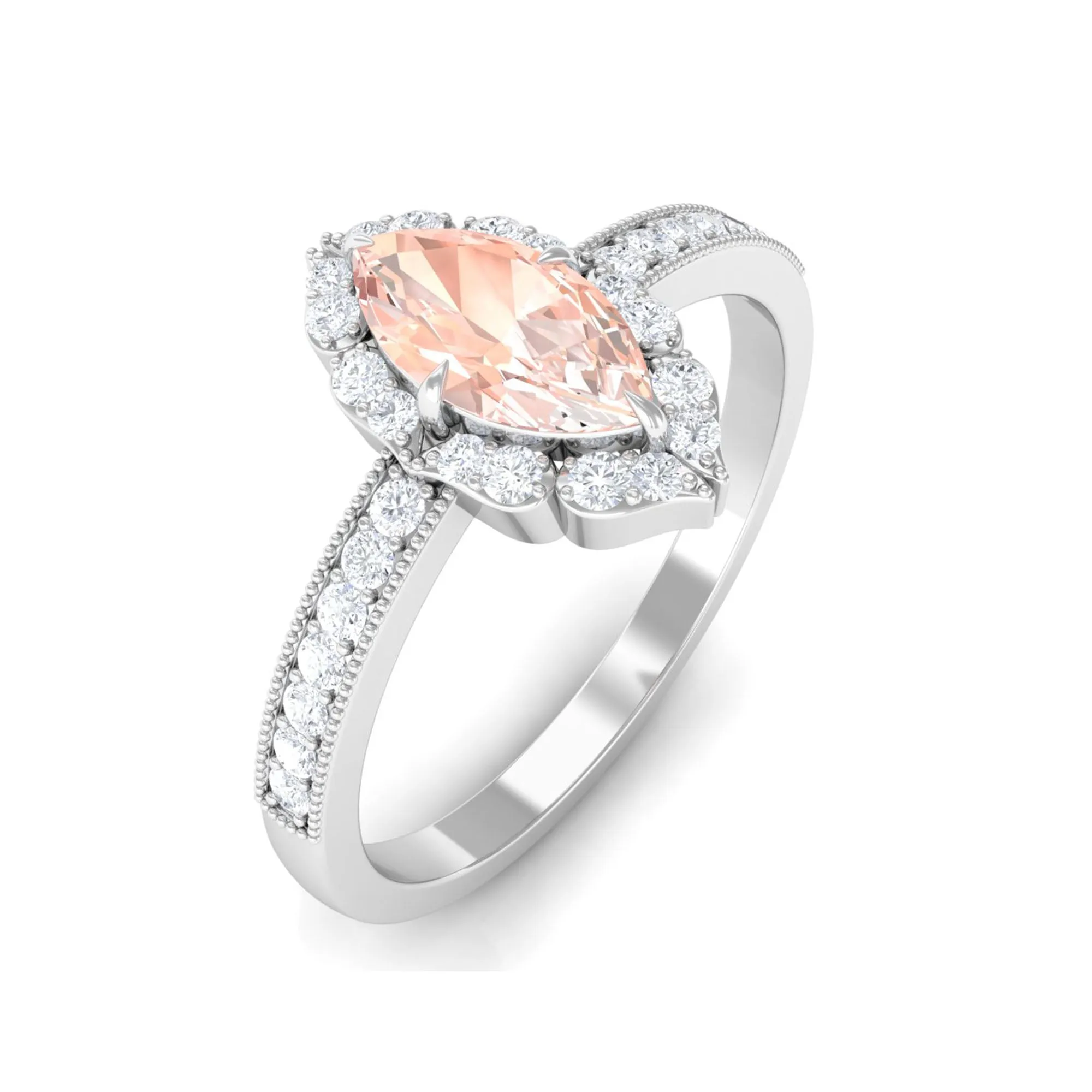 1 Ct Marquise Morganite Engagement Ring with Halo Diamond