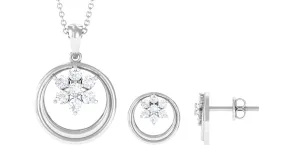 1 CT Real Diamond Floral Pendant Necklace and Stud Earring Set