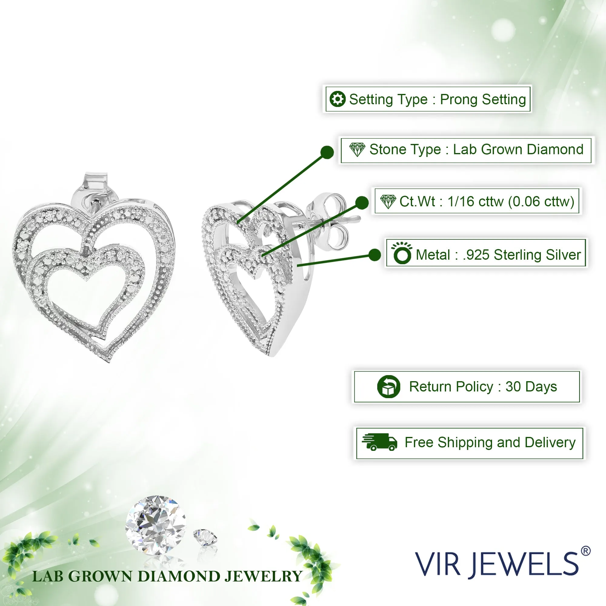 1/16 cttw 10 Stones Round Lab Grown Diamond Dangle Earrings .925 Sterling Silver Prong Set 1/6 Inch