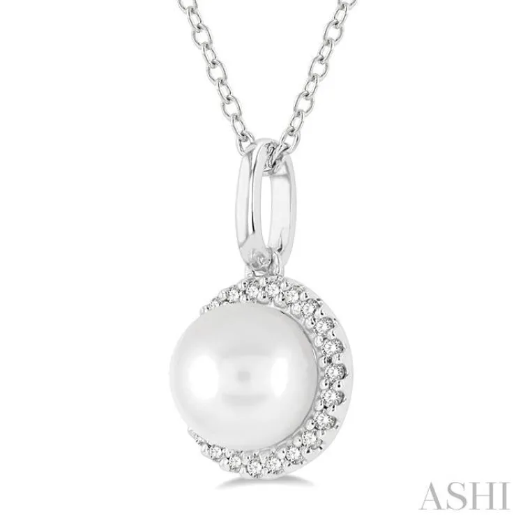 1/20 ctw Petite Round Cut Diamond Halo and 6X6MM Pearl Fashion Pendant With Chain in 10K White Gold