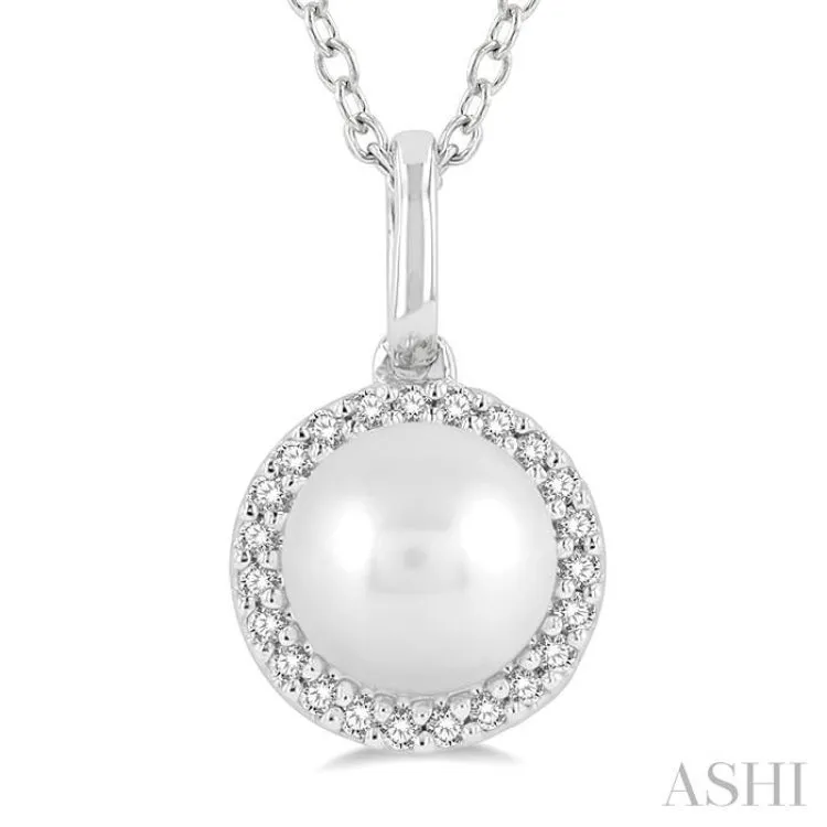 1/20 ctw Petite Round Cut Diamond Halo and 6X6MM Pearl Fashion Pendant With Chain in 10K White Gold