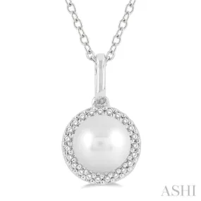 1/20 ctw Petite Round Cut Diamond Halo and 6X6MM Pearl Fashion Pendant With Chain in 10K White Gold