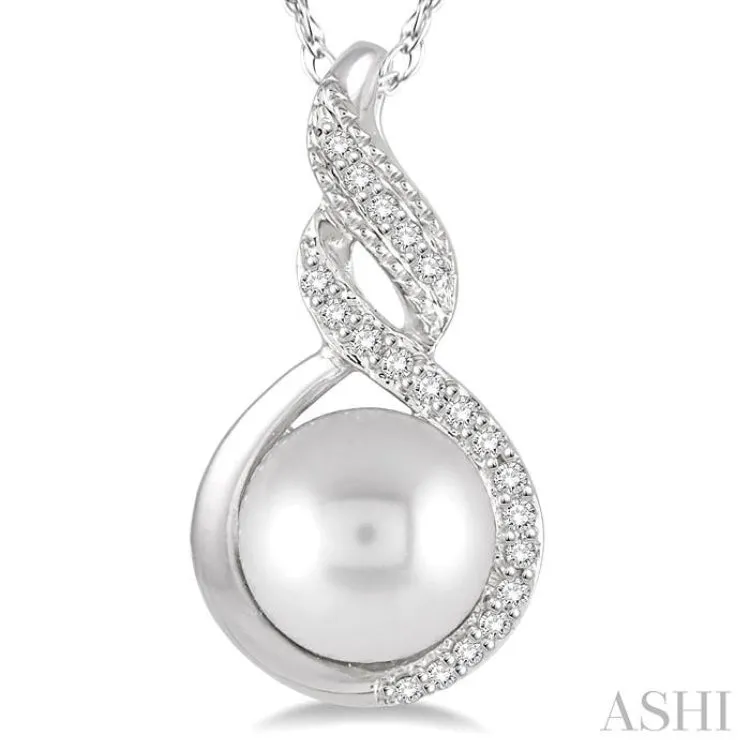 1/20 Ctw Round Cut Diamond Twisted 7mm Cultured Pearl Accented Pendant in 10K White Gold with chain