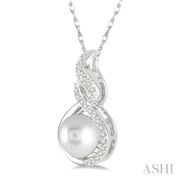 1/20 Ctw Round Cut Diamond Twisted 7mm Cultured Pearl Accented Pendant in 10K White Gold with chain