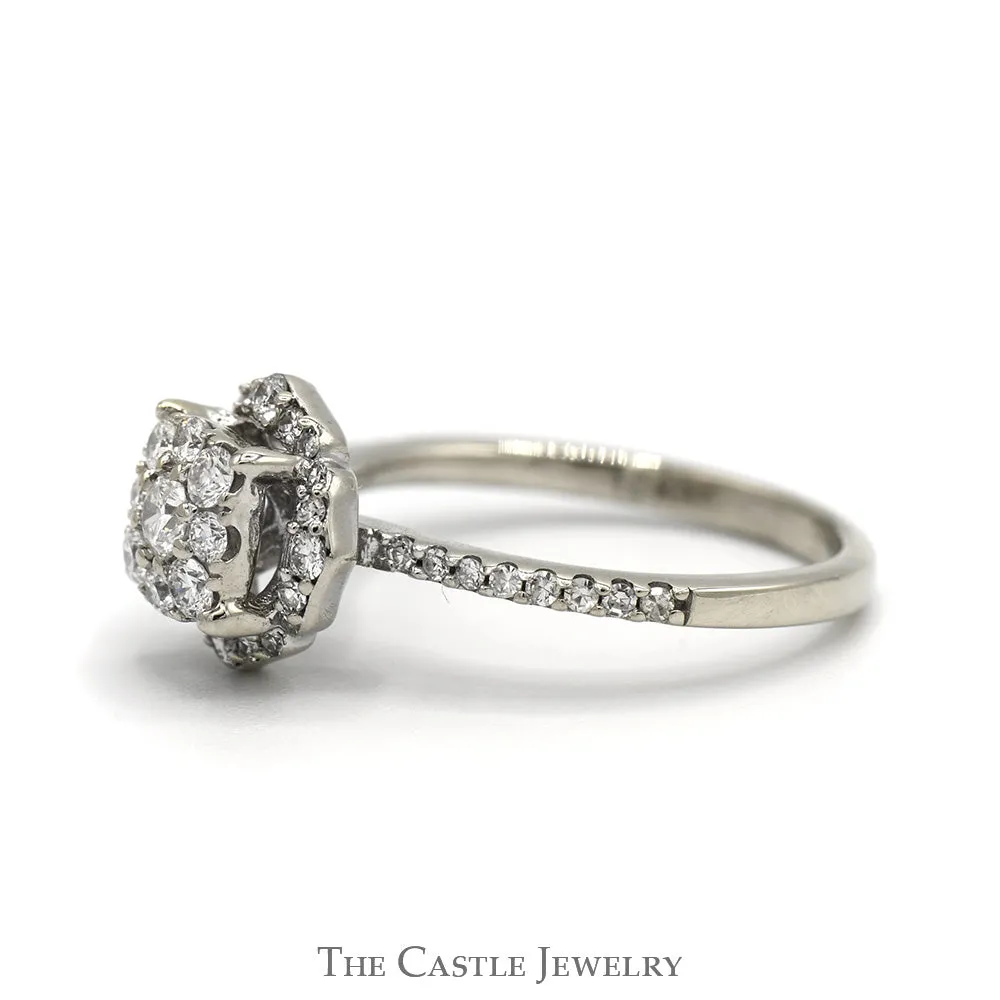 1/2cttw Round Diamond Cluster Engagement Ring with Diamond Accented Sides & Halo in 10k White Gold