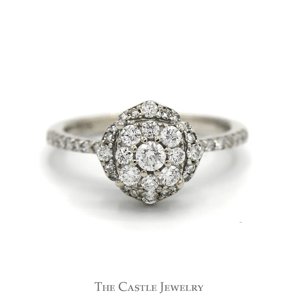 1/2cttw Round Diamond Cluster Engagement Ring with Diamond Accented Sides & Halo in 10k White Gold