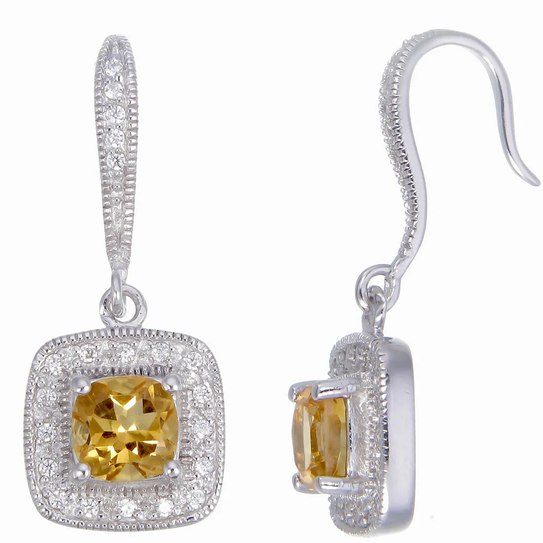 1.30 cttw Citrine Earrings in .925 Sterling Silver with Rhodium Cushion Cut