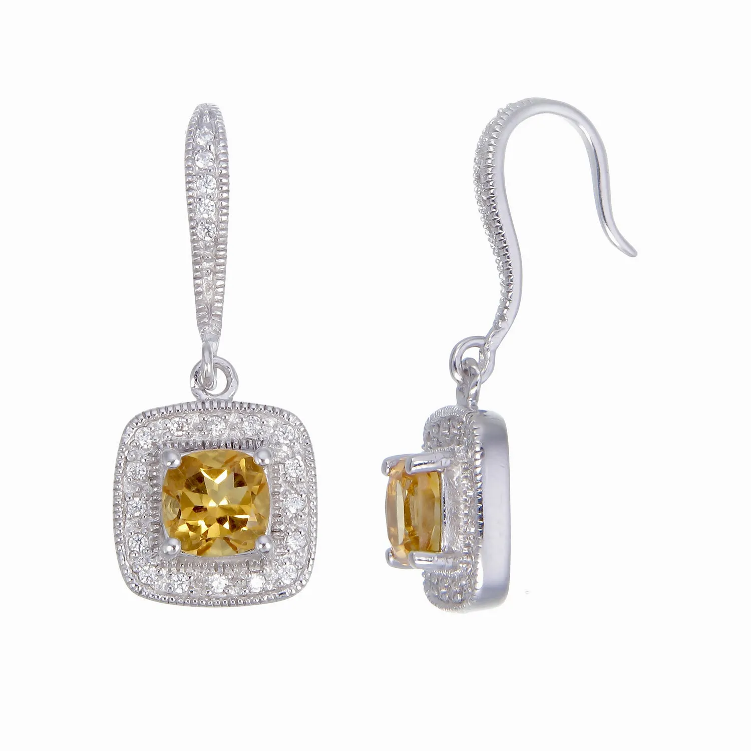 1.30 cttw Citrine Earrings in .925 Sterling Silver with Rhodium Cushion Cut