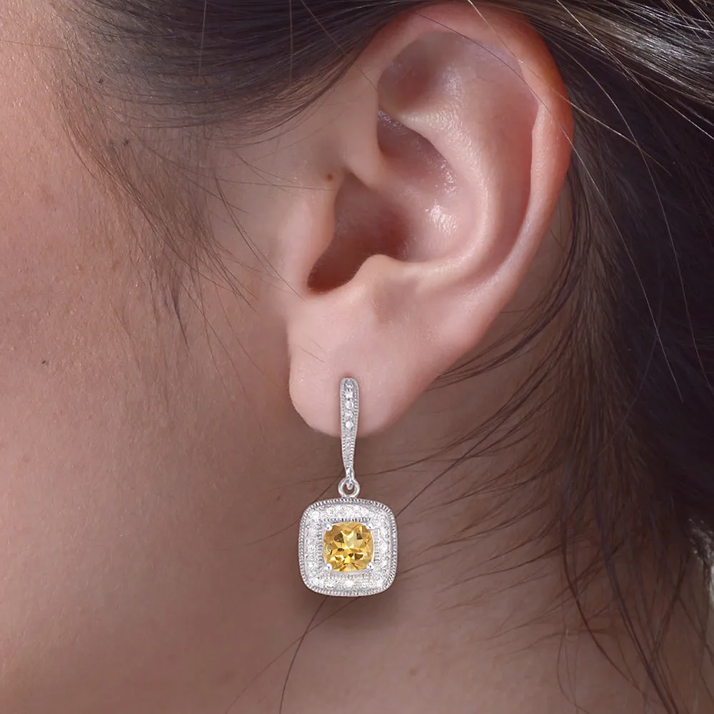 1.30 cttw Citrine Earrings in .925 Sterling Silver with Rhodium Cushion Cut