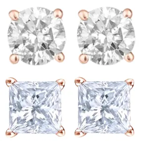 14k Rose Gold 1/4 Carat Solitaire Created Diamond 2 Pair Round and Princess Stud Earrings