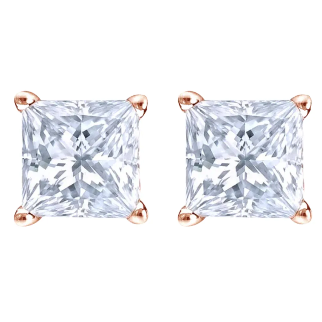 14k Rose Gold 1/4 Carat Solitaire Created Diamond 2 Pair Round and Princess Stud Earrings