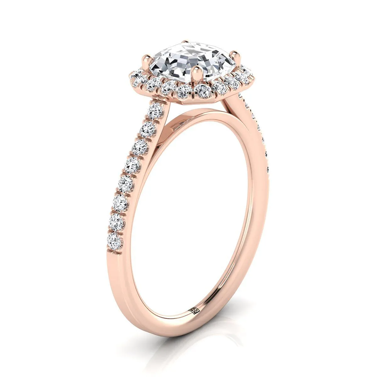 14K Rose Gold Asscher Cut Diamond Petite Halo French Pave Engagement Ring -3/8ctw