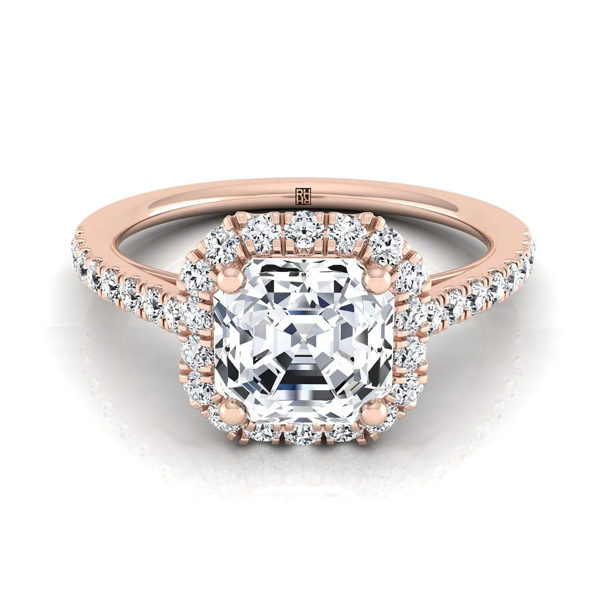 14K Rose Gold Asscher Cut Diamond Petite Halo French Pave Engagement Ring -3/8ctw