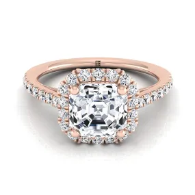 14K Rose Gold Asscher Cut Diamond Petite Halo French Pave Engagement Ring -3/8ctw