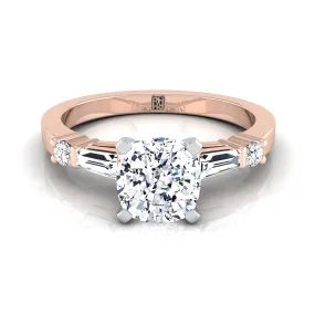 14K Rose Gold Cushion Diamond Simple Baguette and Round Solitaire Engagement Ring -1/4ctw