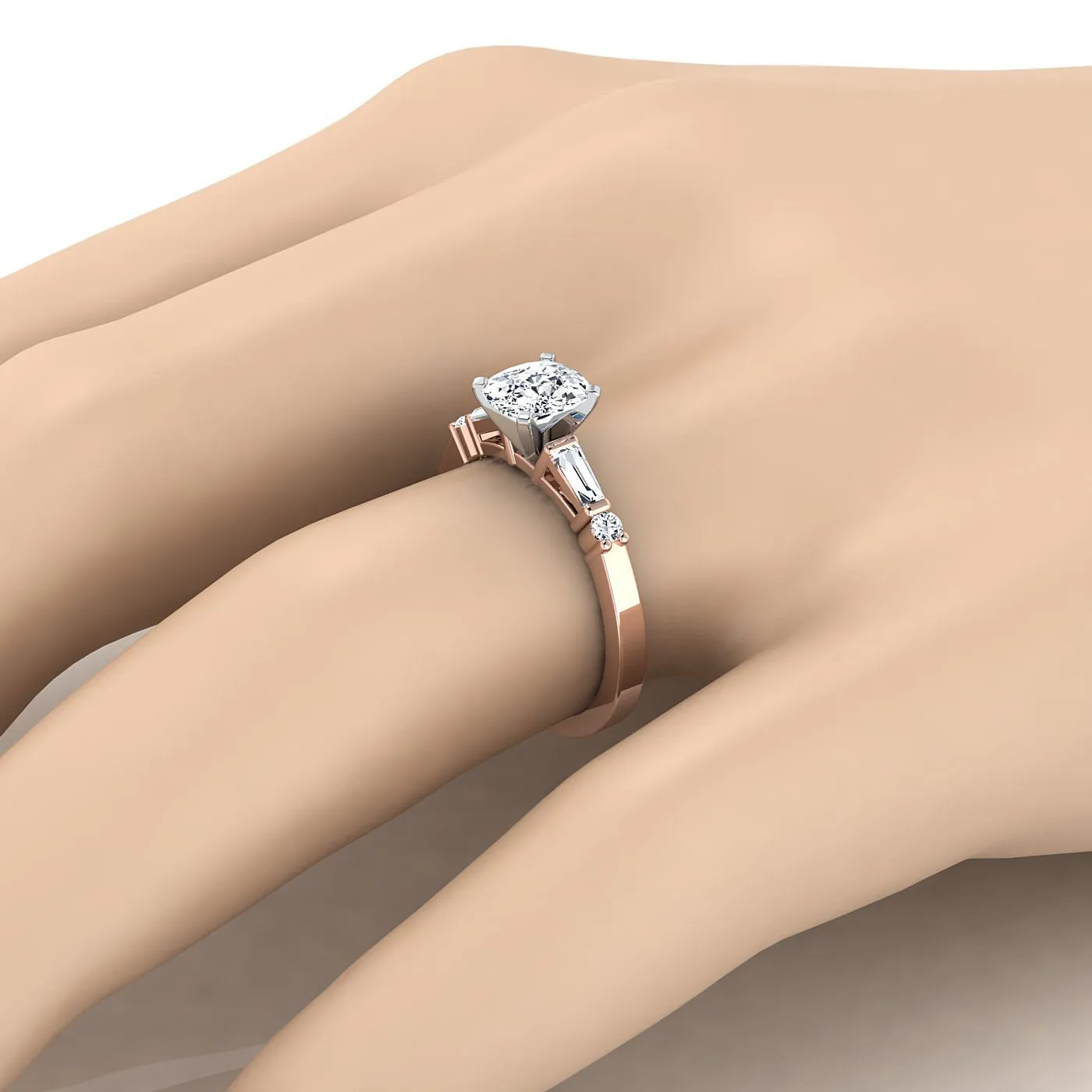 14K Rose Gold Cushion Diamond Simple Baguette and Round Solitaire Engagement Ring -1/4ctw