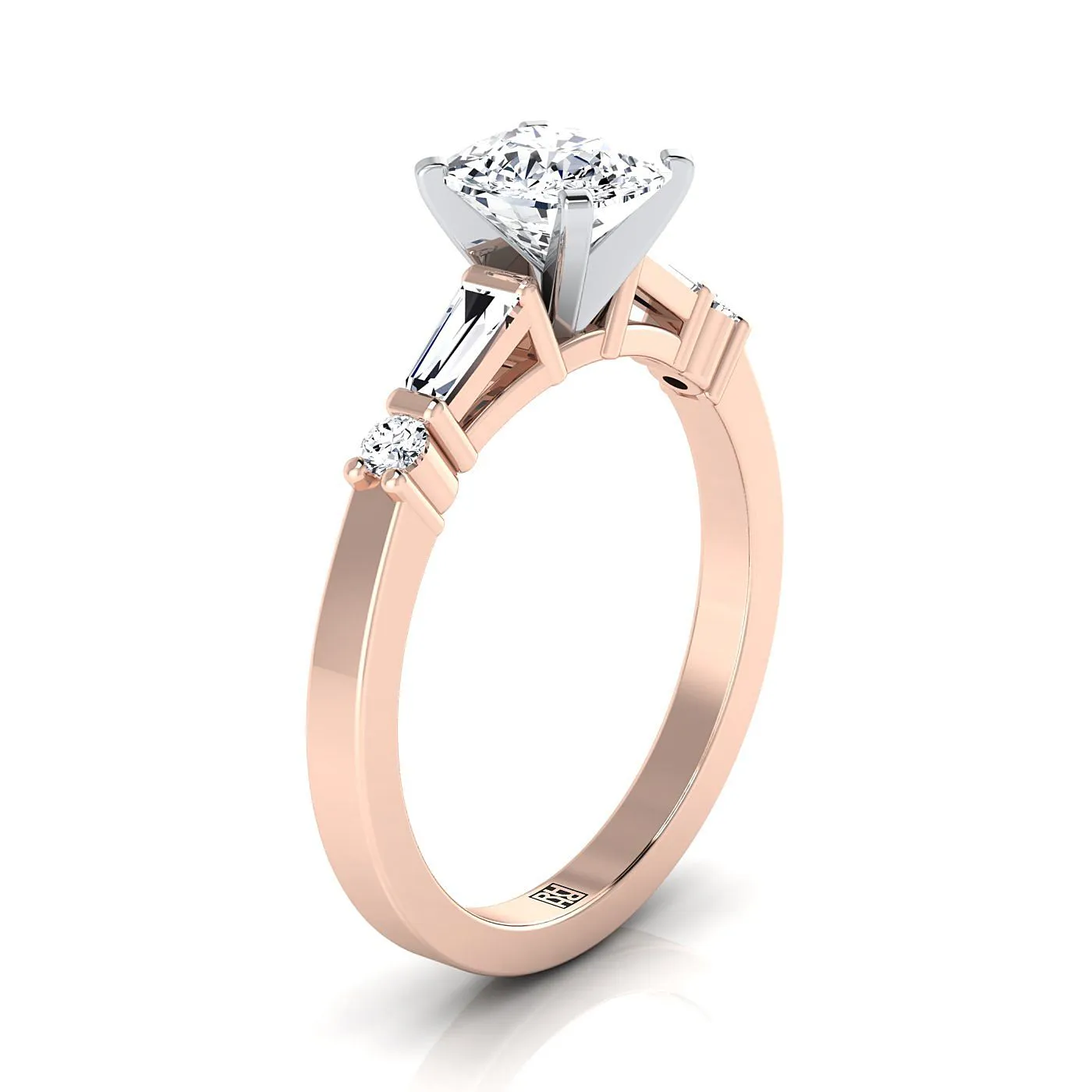 14K Rose Gold Cushion Diamond Simple Baguette and Round Solitaire Engagement Ring -1/4ctw