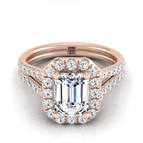 14K Rose Gold Emerald Cut Diamond French Pave Split Shank Halo Engagement Ring -5/8ctw