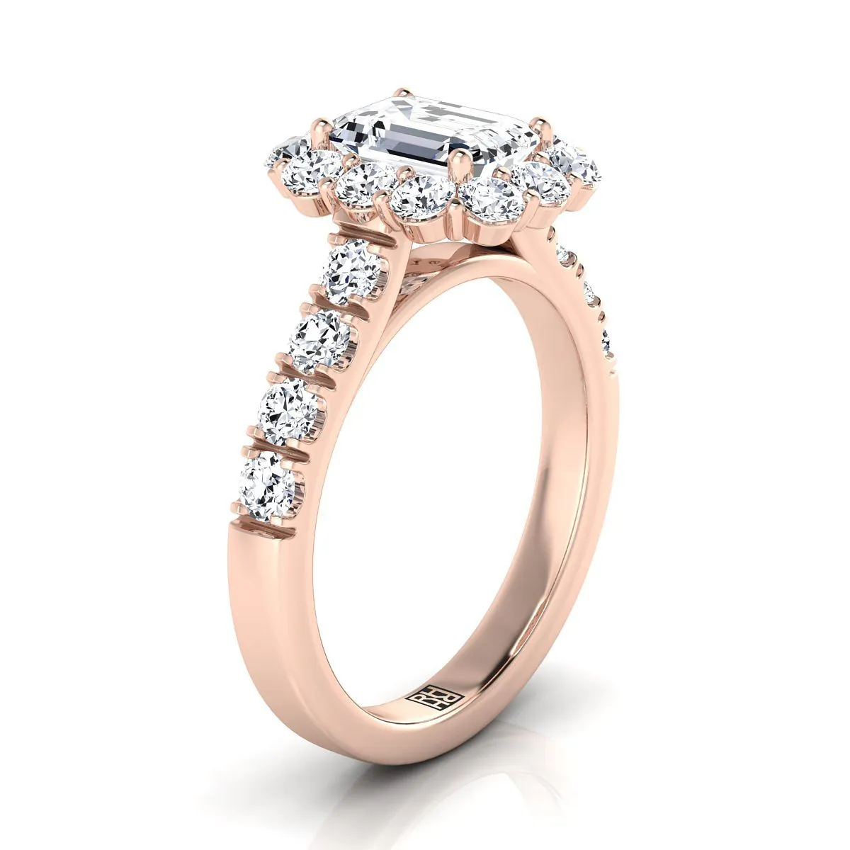 14K Rose Gold Emerald Cut Diamond Luxe Style French Pave Halo Engagement Ring -1-1/10ctw