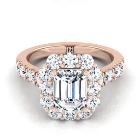 14K Rose Gold Emerald Cut Diamond Luxe Style French Pave Halo Engagement Ring -1-1/10ctw