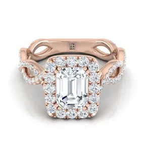 14K Rose Gold Emerald Cut Diamond Ribbon Twist French Pave Halo Engagement Ring -3/4ctw