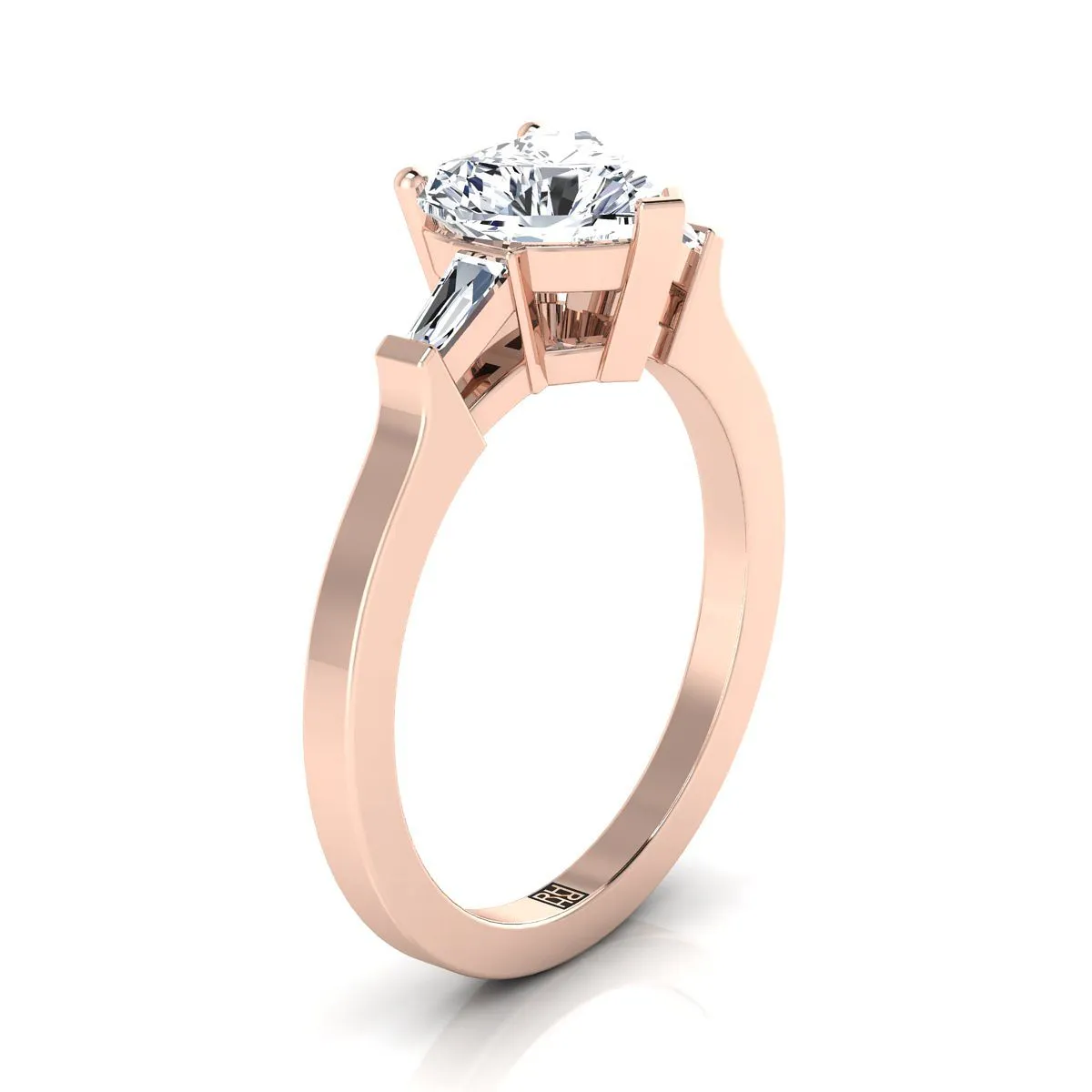 14K Rose Gold Heart Shape Center Diamond Tapered Baguette Accent Engagement Ring -1/4ctw