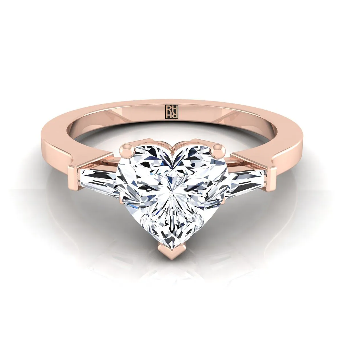 14K Rose Gold Heart Shape Center Diamond Tapered Baguette Accent Engagement Ring -1/4ctw