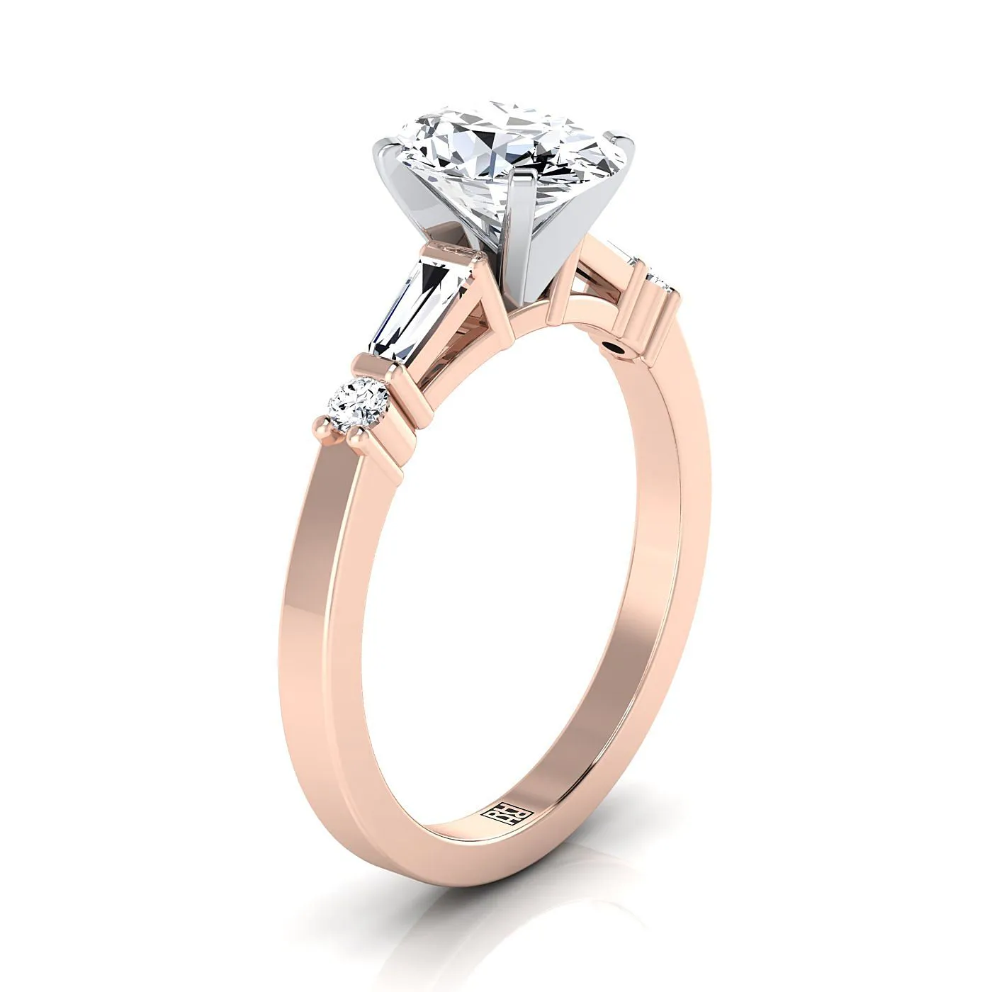 14K Rose Gold Oval Diamond Simple Baguette and Round Solitaire Engagement Ring -1/4ctw