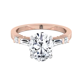 14K Rose Gold Oval Diamond Simple Baguette and Round Solitaire Engagement Ring -1/4ctw