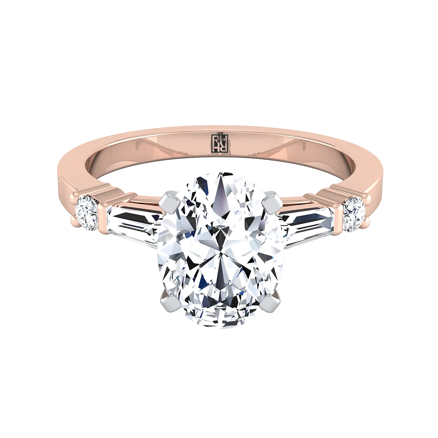 14K Rose Gold Oval Diamond Simple Baguette and Round Solitaire Engagement Ring -1/4ctw