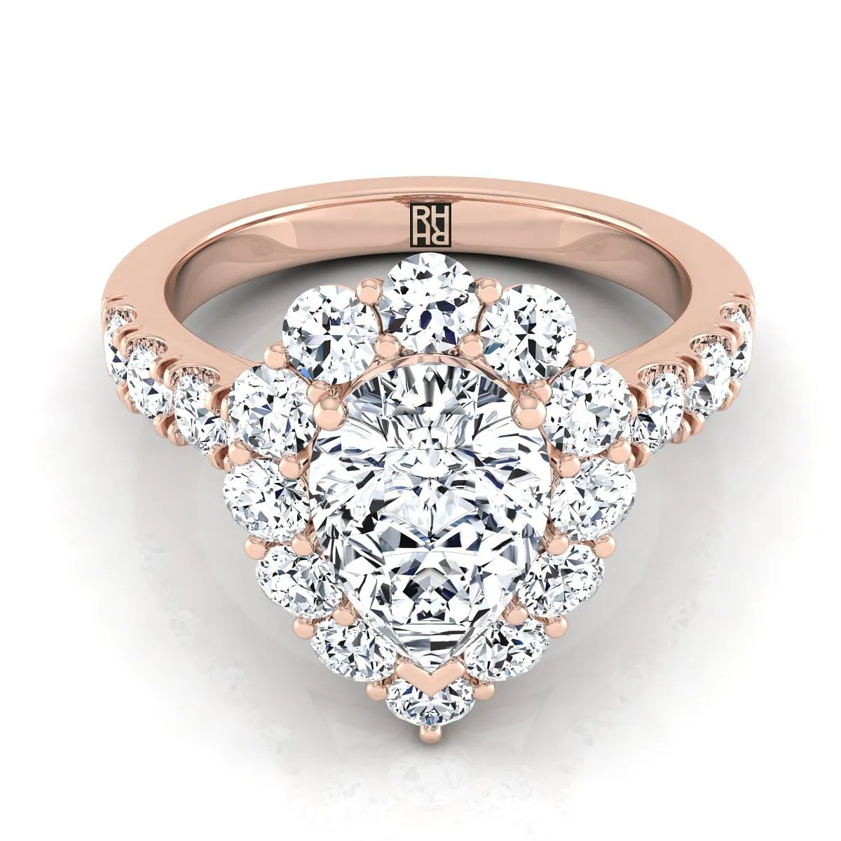 14K Rose Gold Pear Shape Center Diamond Luxe Style French Pave Halo Engagement Ring -1-1/10ctw