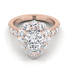 14K Rose Gold Pear Shape Center Diamond Luxe Style French Pave Halo Engagement Ring -1-1/10ctw