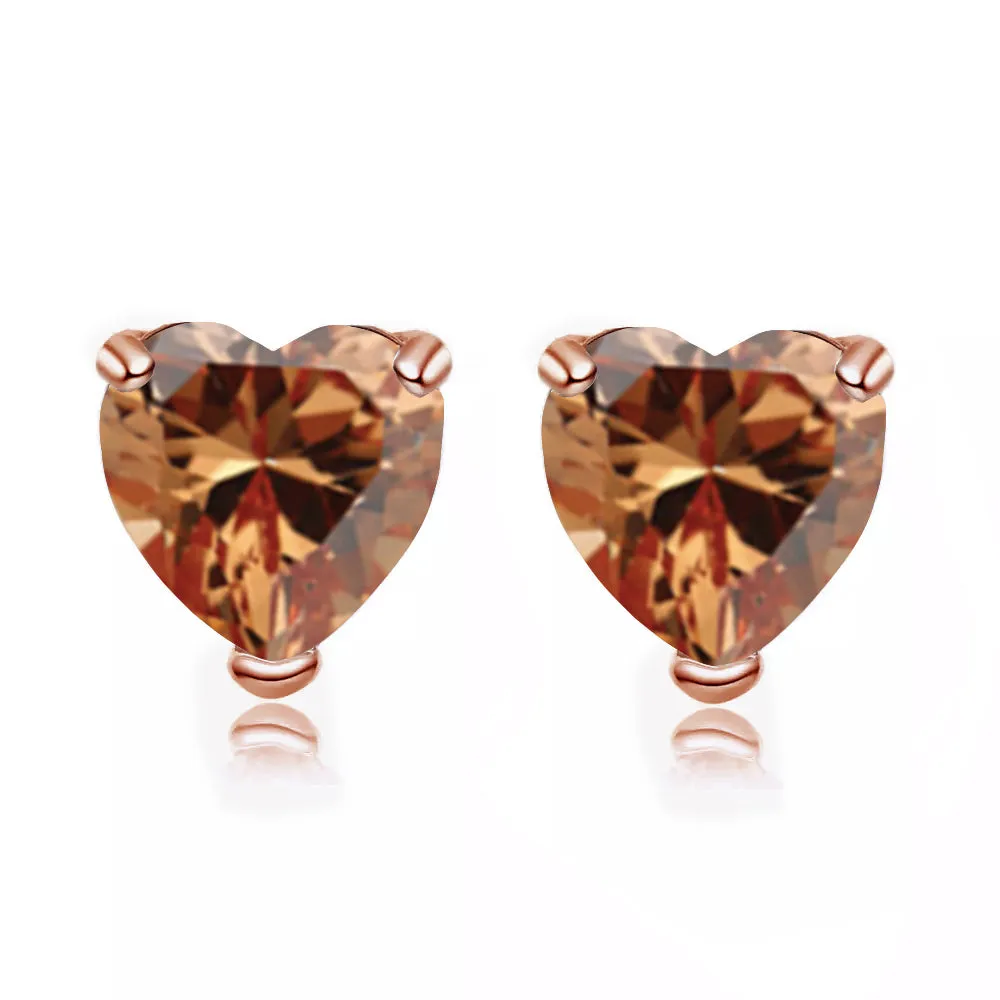 14k Rose Gold Plated 3 Carat Heart Created Citrine Sapphire Stud Earrings