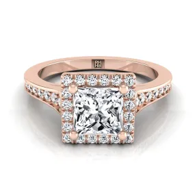 14K Rose Gold Princess Cut Diamond Classic Halo with Channel French Pave Engagement RIng  -1/3ctw