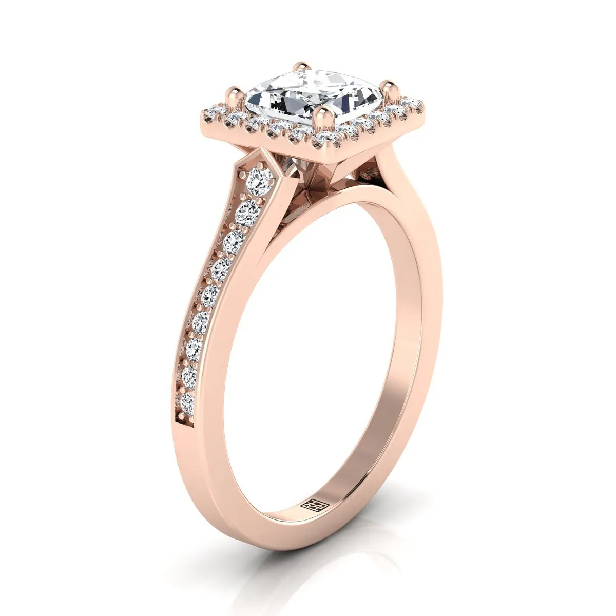 14K Rose Gold Princess Cut Diamond Classic Halo with Channel French Pave Engagement RIng  -1/3ctw