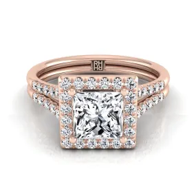 14K Rose Gold Princess Cut French Pave Split Shank Halo Engagement Ring -3/8ctw