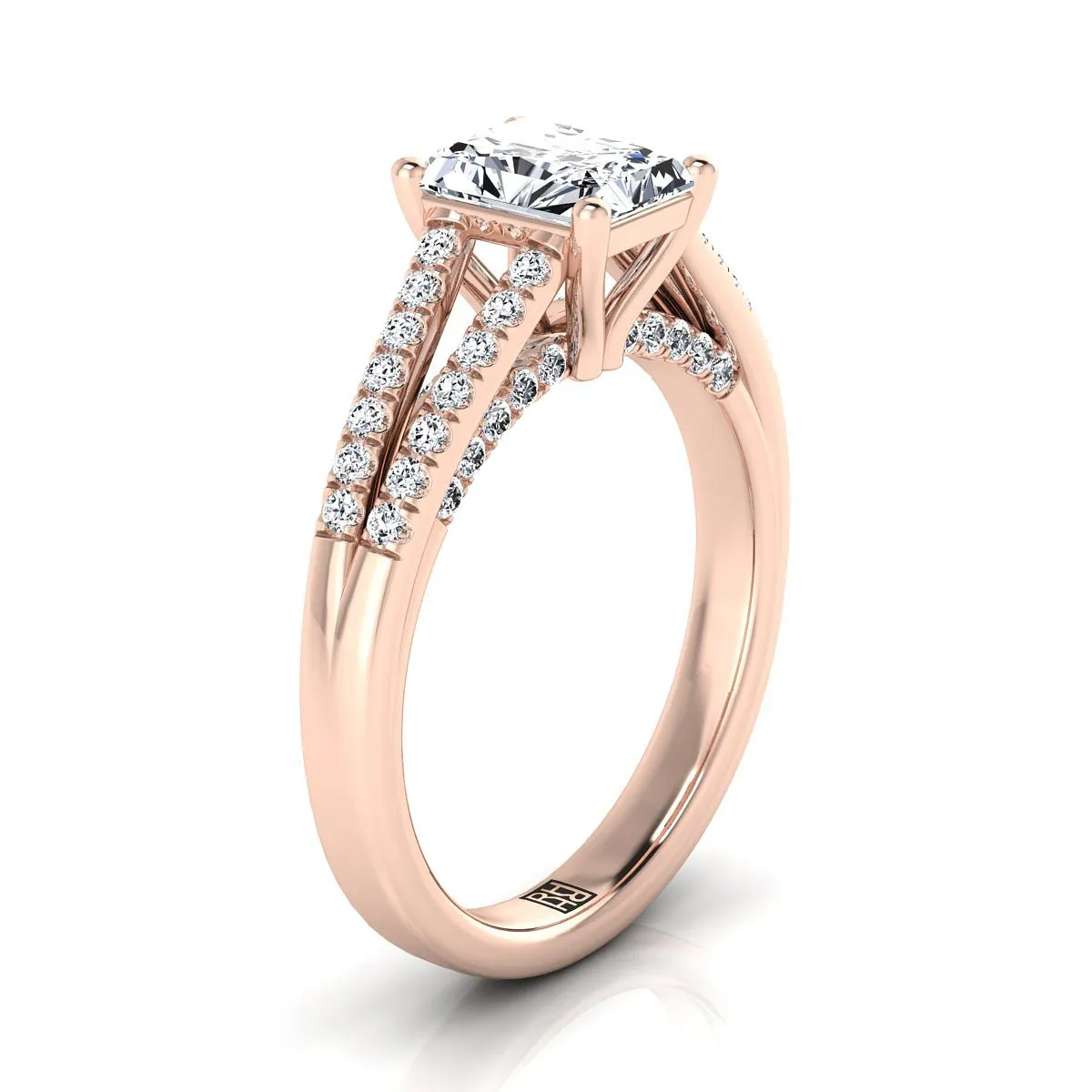 14K Rose Gold Radiant Cut Center Diamond Split Shank French Pave Engagement Ring -1/3ctw