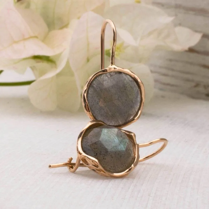 14K Rose Gold Round Brown Labradorite 12mm Dangle Earrings