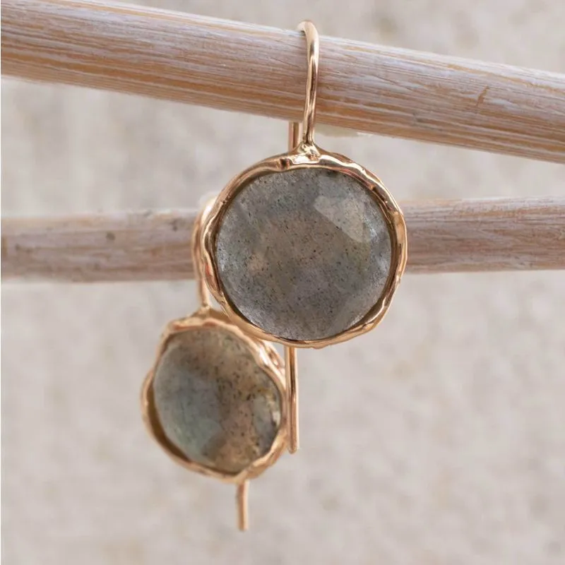 14K Rose Gold Round Brown Labradorite 12mm Dangle Earrings