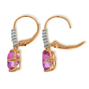 14K Solid Rose Gold Leverback Earrings Natural Diamond & Pink Topaz Certified