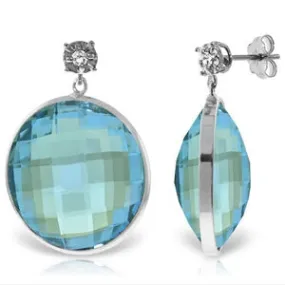 14K Solid White Gold Diamonds Stud Earrings w/ Dangling Checkerboard Cut Round Blue Topaz