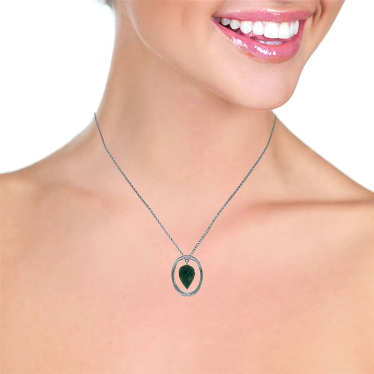 14K Solid White Gold Necklace w/ Diamonds & Briolette Pointy Drop Dyed Green Sapphire