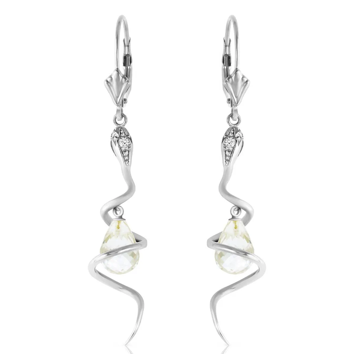 14K Solid White Gold Snake Earrings w/ Dangling Briolette White Topaz & Diamonds