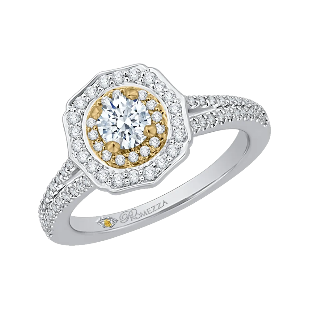 14K Two Tone Gold Round Diamond Double Halo Engagement Ring