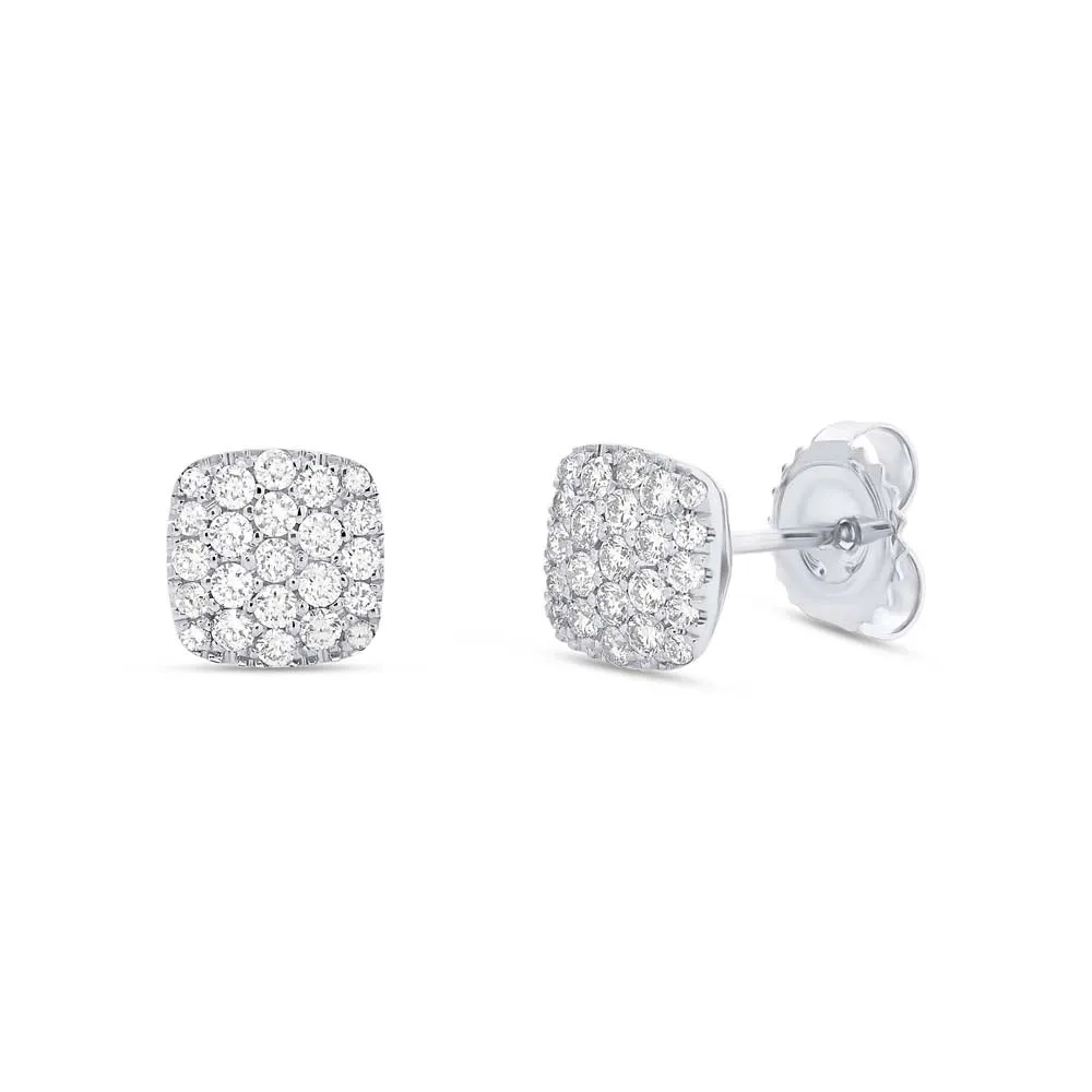 14K White Gold Cushion Shaped Stud Earrings with Pave Diamonds