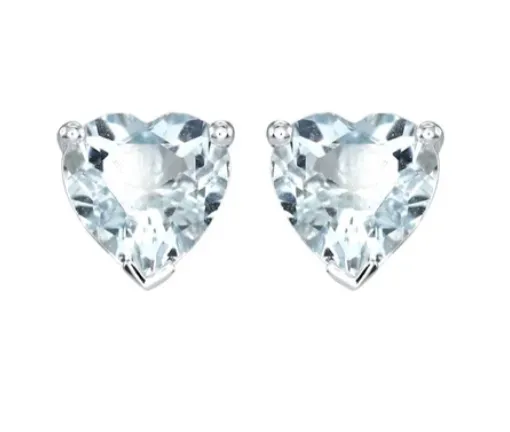 14k White Gold Plated 4 Carat Heart Created Aquamarine Sapphire Stud Earring